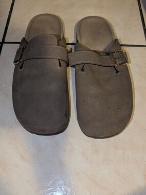 Men's Casual Suede Slide Sandals in Taupe with Buckle